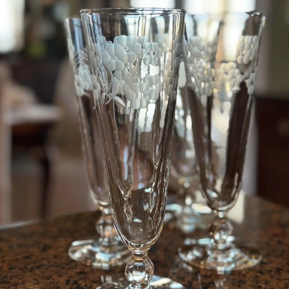 Libbey Glass Co Glenmore Floral Etched Champagne Flutes Hand Blown Glasses